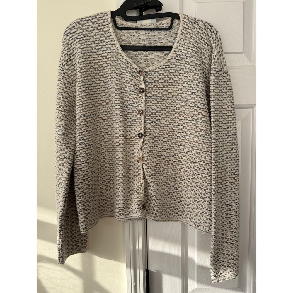 Croft & Barrow Womens XL Cardigan Sweater Blue Cream Cotton Knit Made in USA